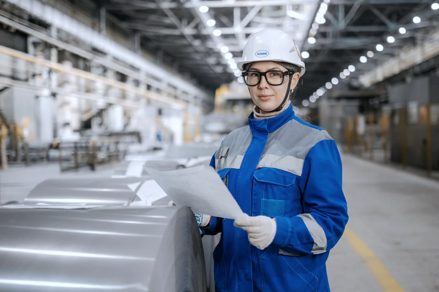 An engineer in PPE inspecting metal stock during a quality check